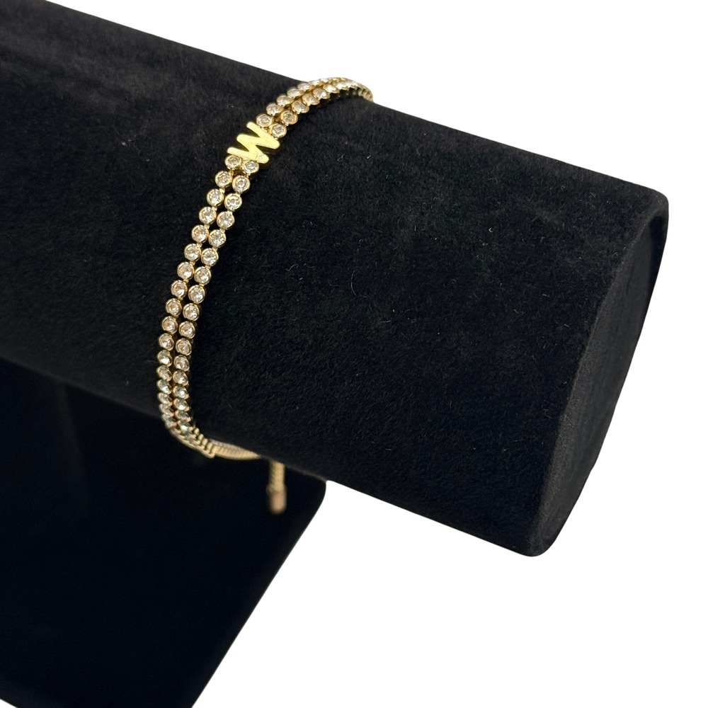 Gold Tone Initial M or W Rhinestone Adjustable Bolo Bracelet Double Row Crystal